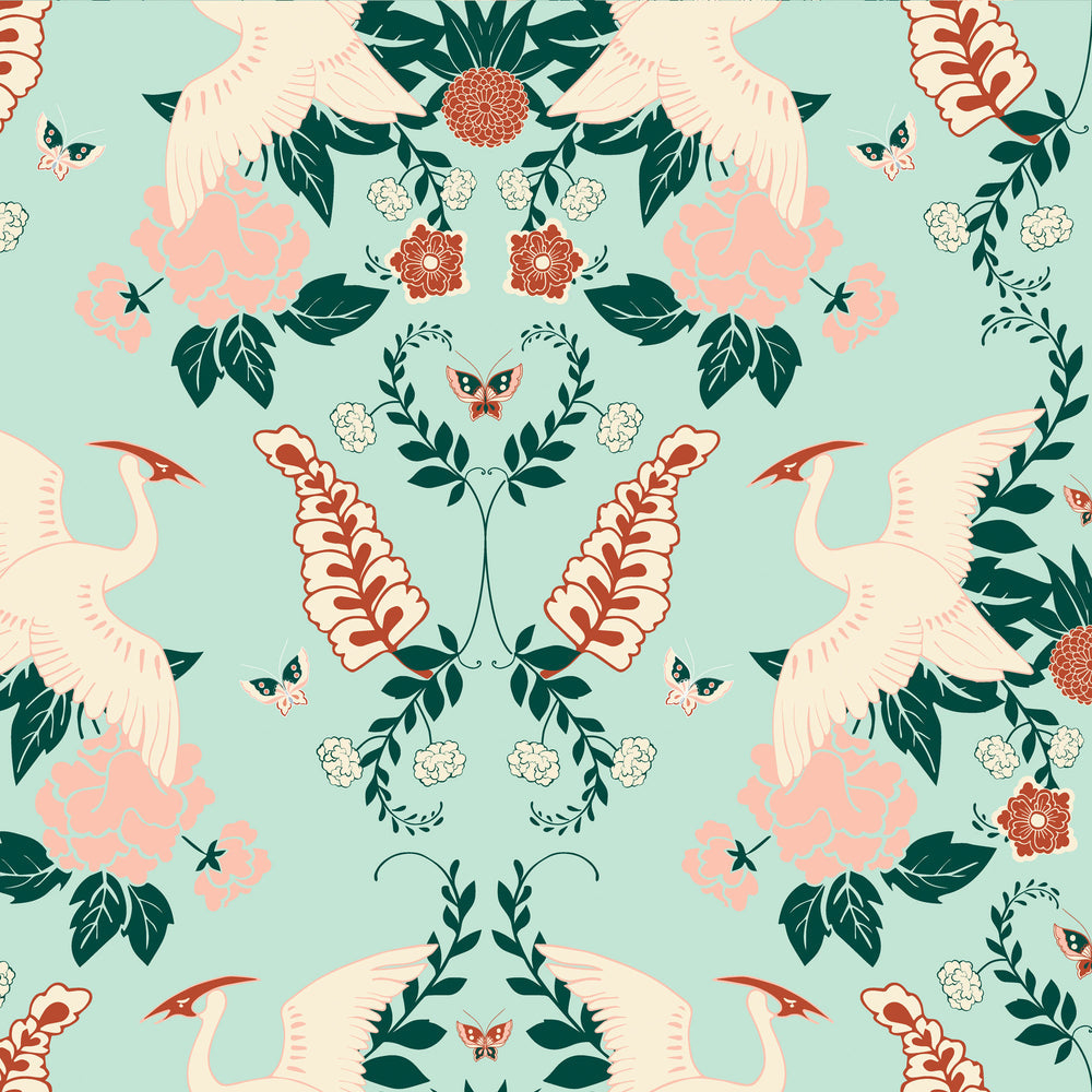 LH900129 - Master Crane Wallpaper - Duck Egg, Emerald Green, & Peony Pink - Lust Home