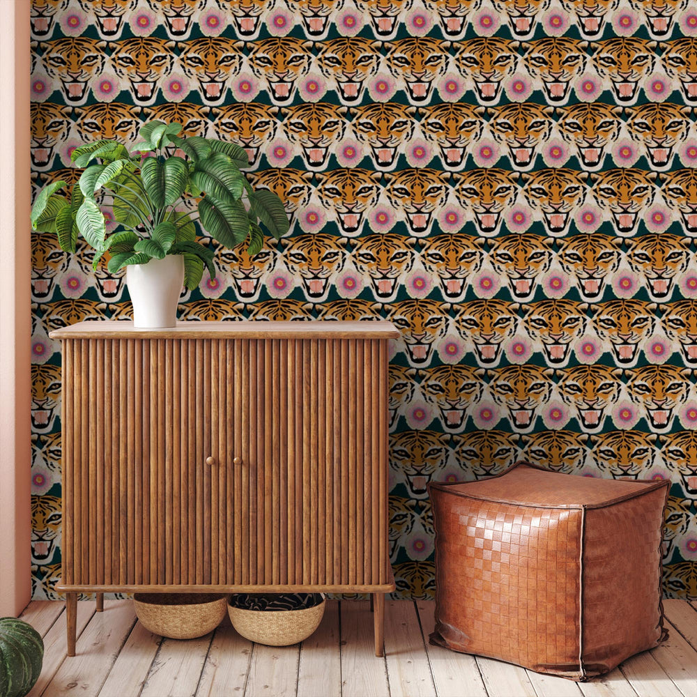 LH900170 - Tigerlily Wallpaper - Emerald Green, Pink & Orange - Lust Home