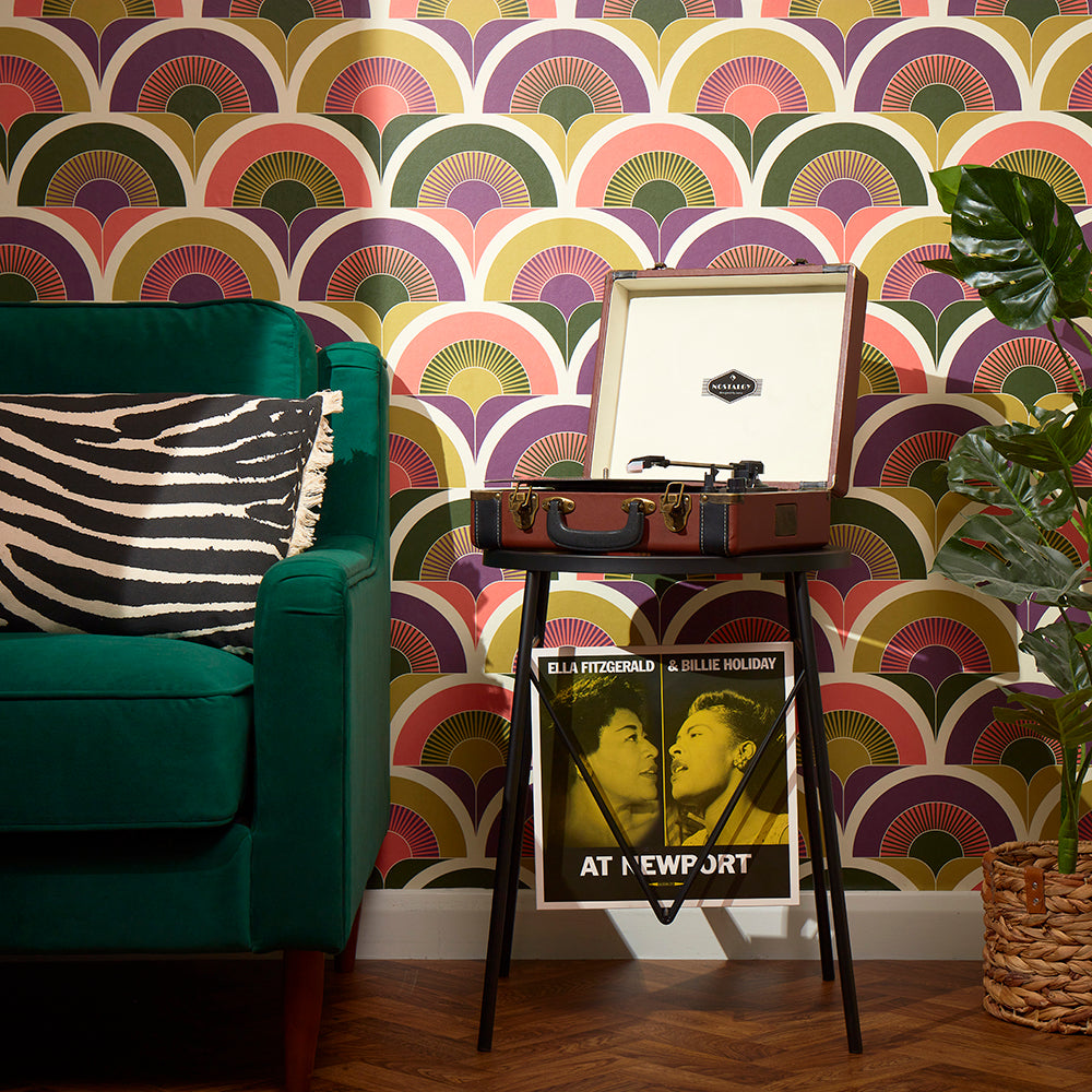 LH900347 - Groovy Baby Wallpaper - Mulberry, Coral, Emerald & Military Green - Lust Home