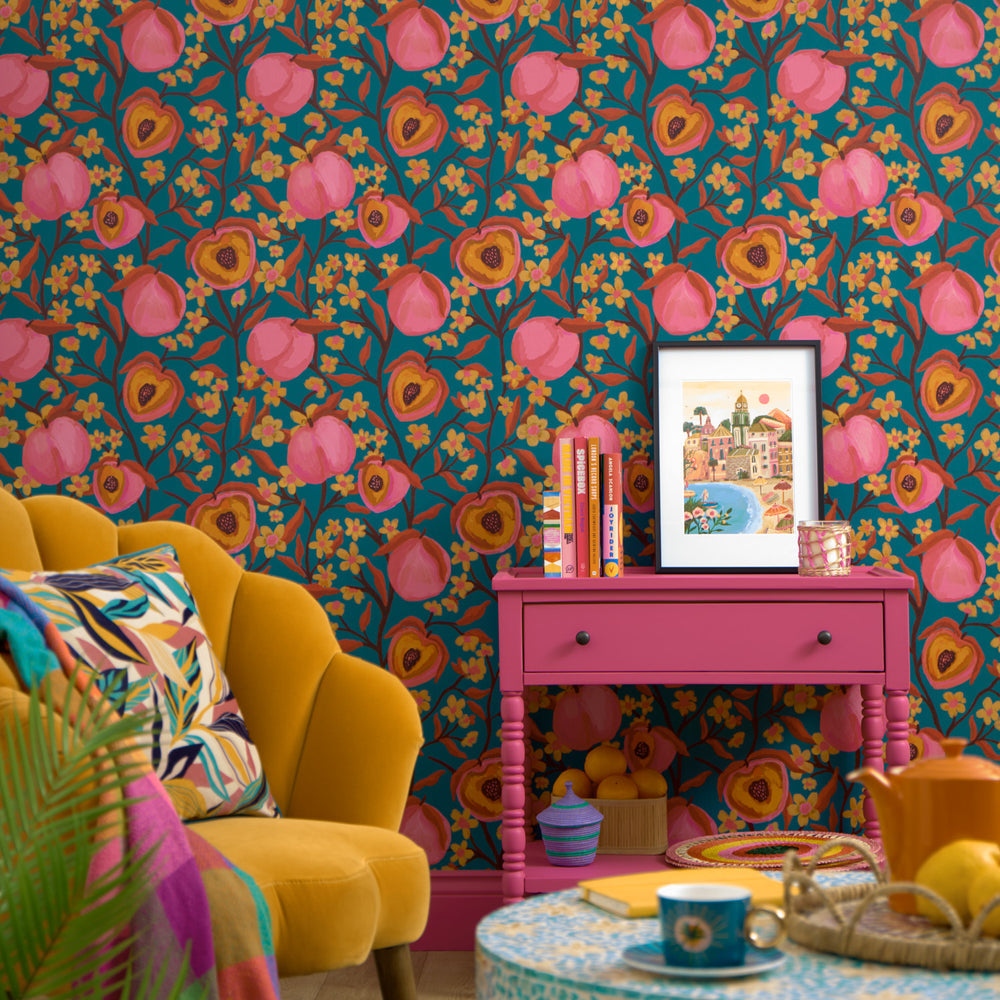 LH900486 - Life's a Peach Wallpaper - Peachy Pink on Teal - Lust Home