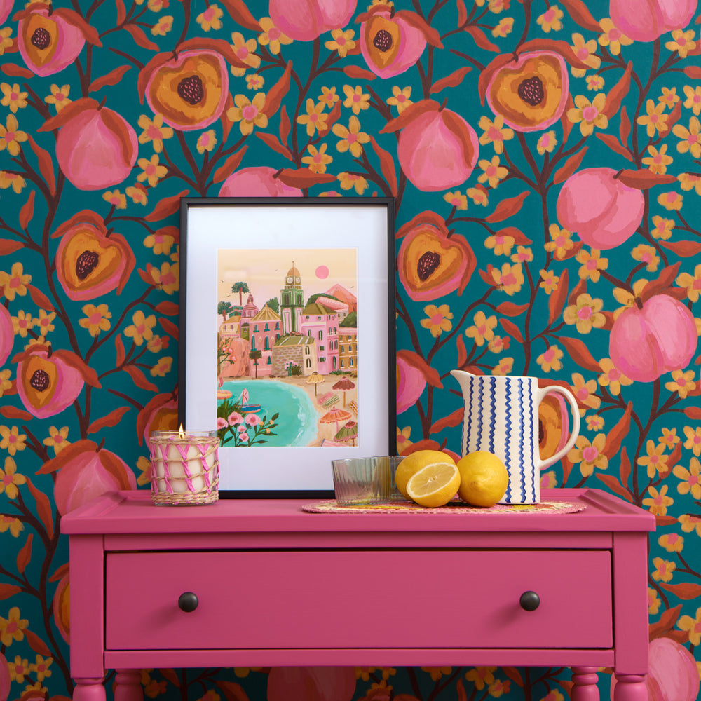 LH900486 - Life's a Peach Wallpaper - Peachy Pink on Teal - Lust Home