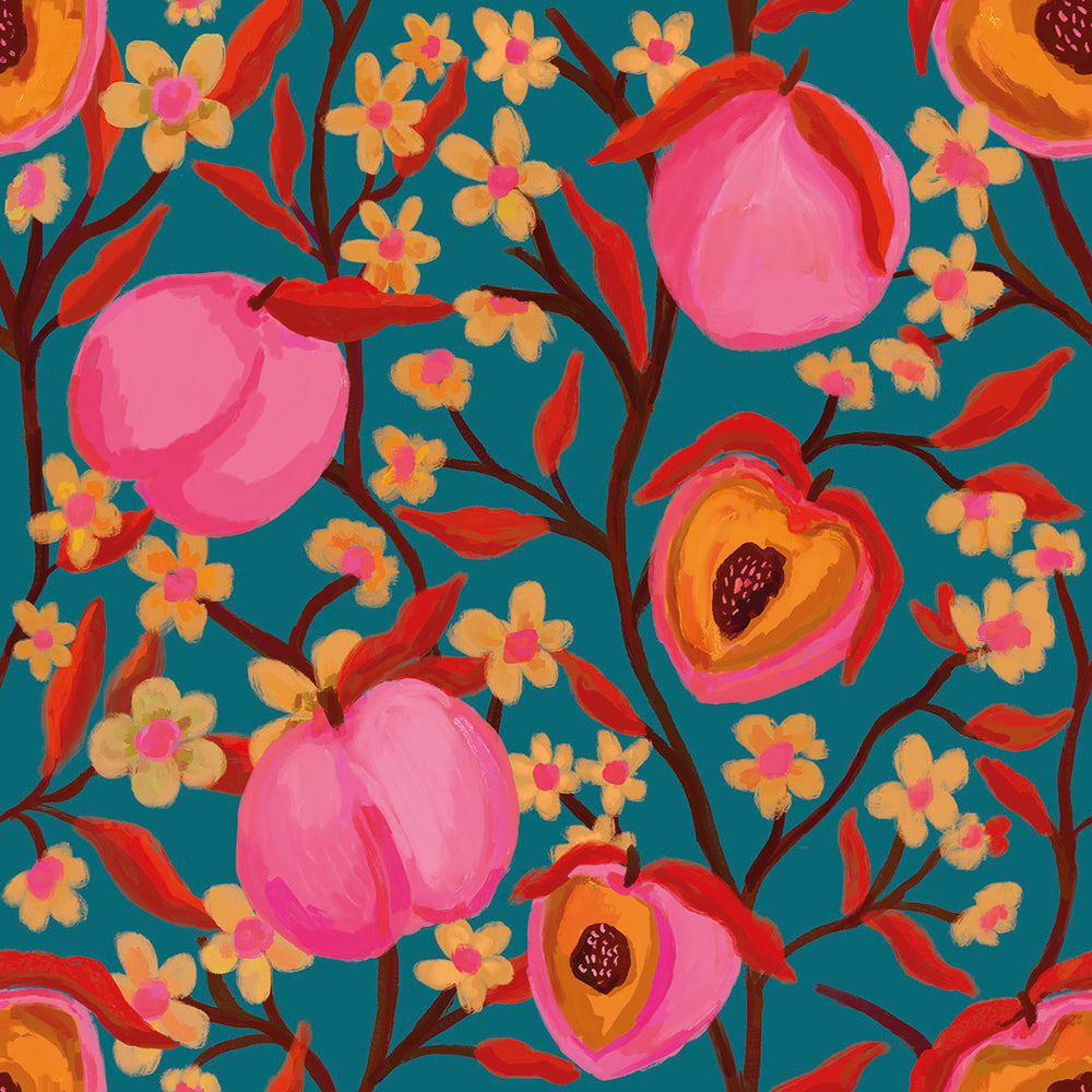LH900486 - Life's a Peach Wallpaper - Peachy Pink on Teal - Lust Home