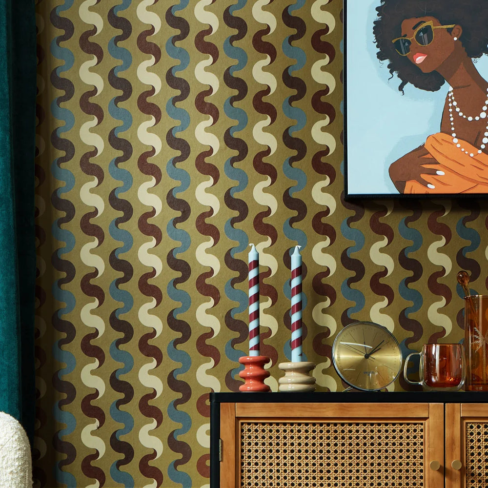LH900521 - The Hippie Shake Wallpaper - Walnut & Teal on Wasabi - Lust Home