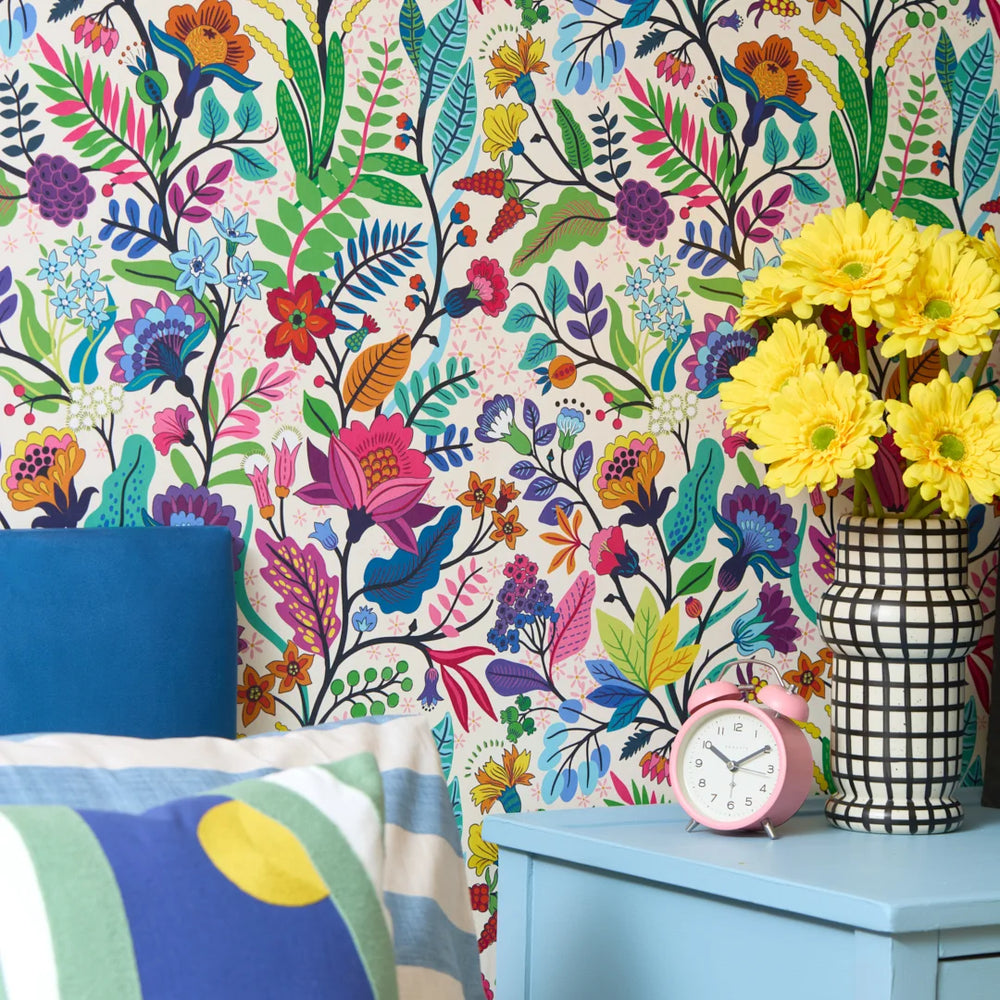 LH900540 - Eclectic Eden Wallpaper - Brights on Vintage Cream - Lust Home