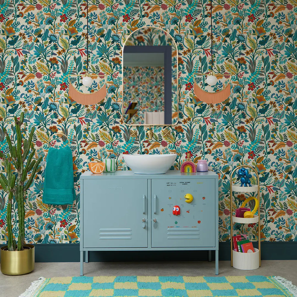 LH900542 - Eclectic Eden Wallpaper - Teal & Tan on Vintage Cream - Lust Home