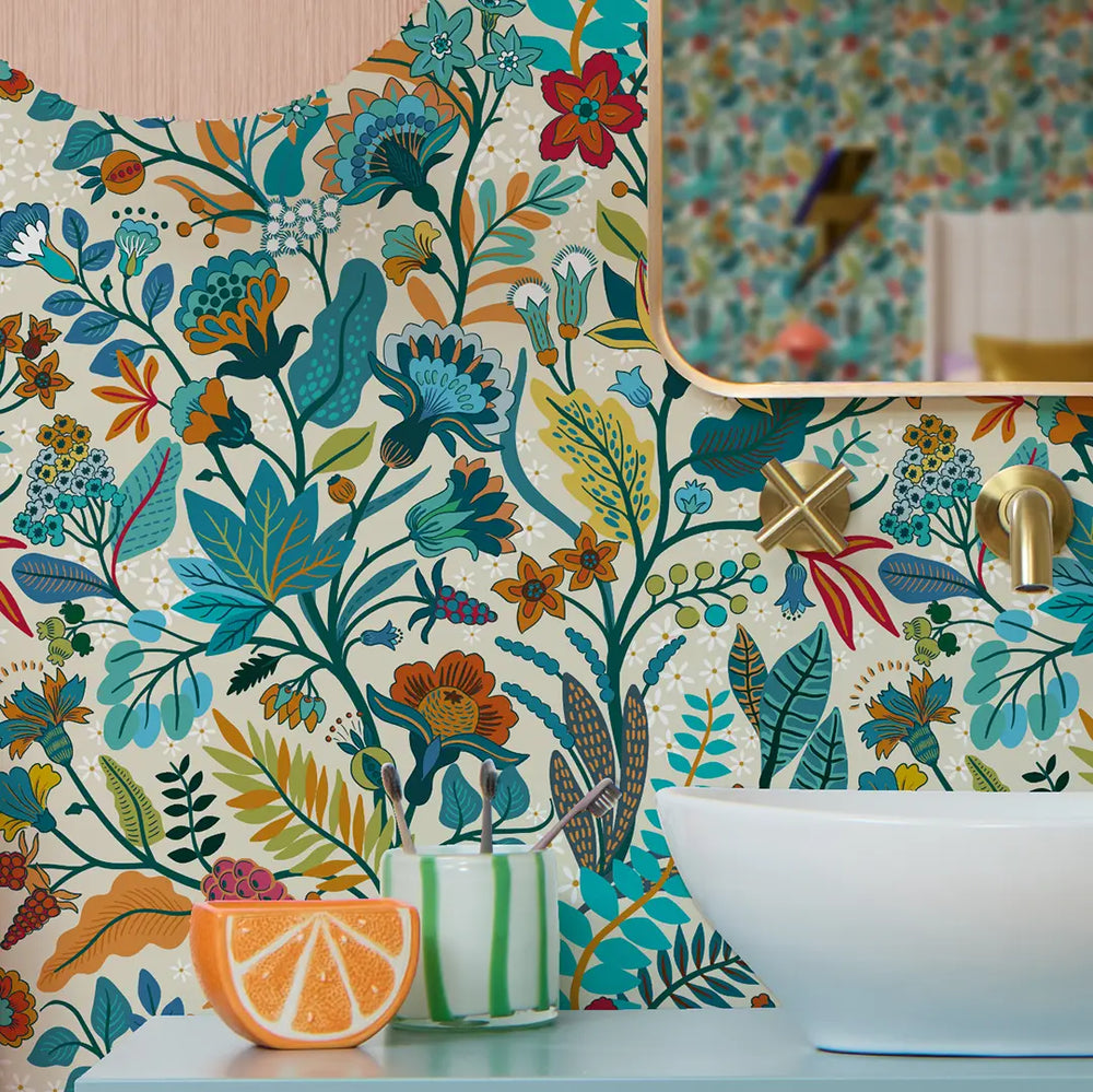 LH900542 - Eclectic Eden Wallpaper - Teal & Tan on Vintage Cream - Lust Home