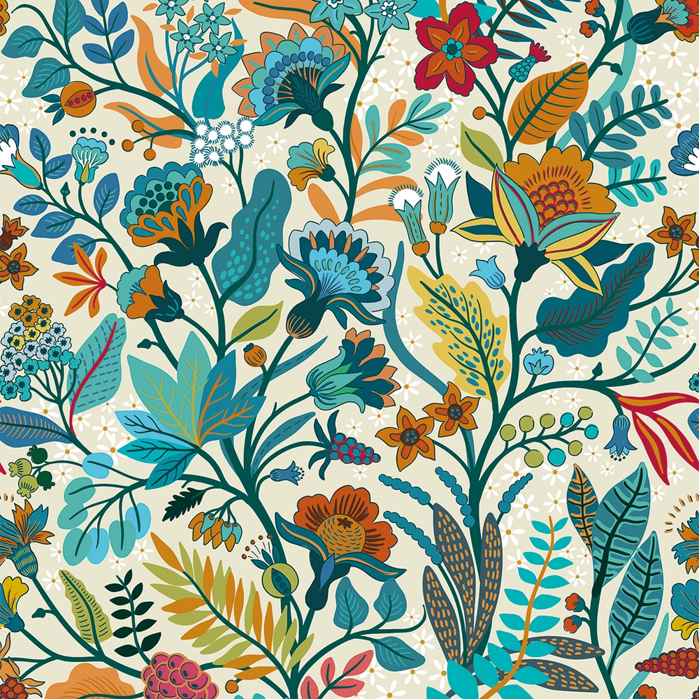 LH900542 - Eclectic Eden Wallpaper - Teal & Tan on Vintage Cream - Lust Home