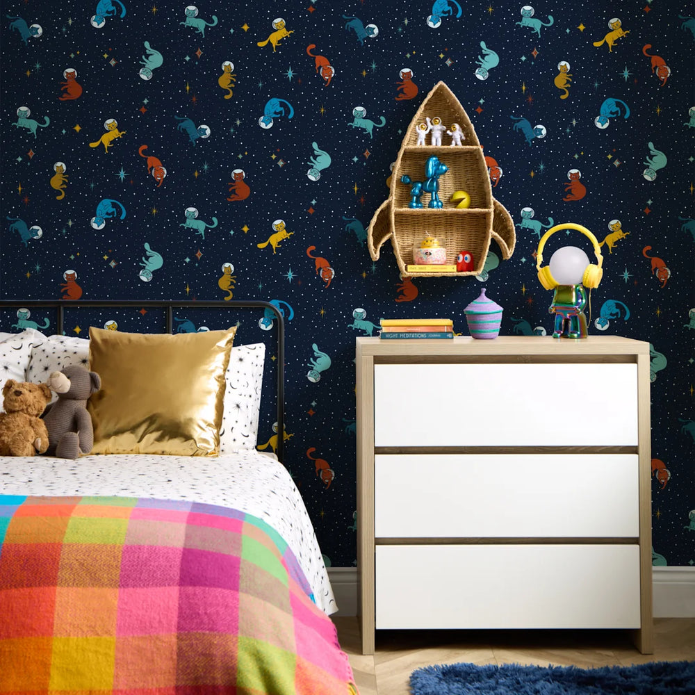 LH900575 - Cosmic Cats Wallpaper - Teal Tabby & Antique Gold on Twilight Navy - Lust Home