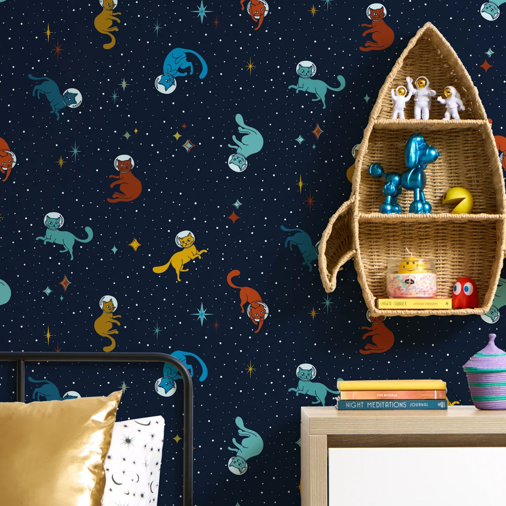 LH900575 - Cosmic Cats Wallpaper - Teal Tabby & Antique Gold on Twilight Navy - Lust Home