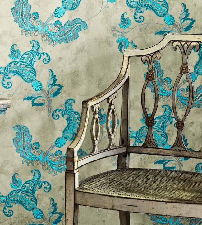 Paisley Wallpaper - Turquoise on Old Grey - BG0800 - 202 - Barneby Gates