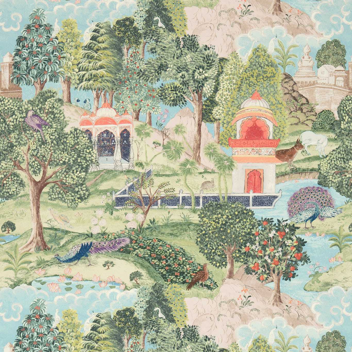 Peacock Garden Wallpaper - Green/Coral - ZJAI311743 - Zoffany