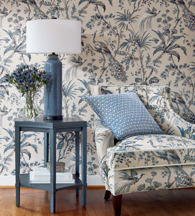 Peacock Toile Wallpaper - Slate and Black - AT57833 - Anna French
