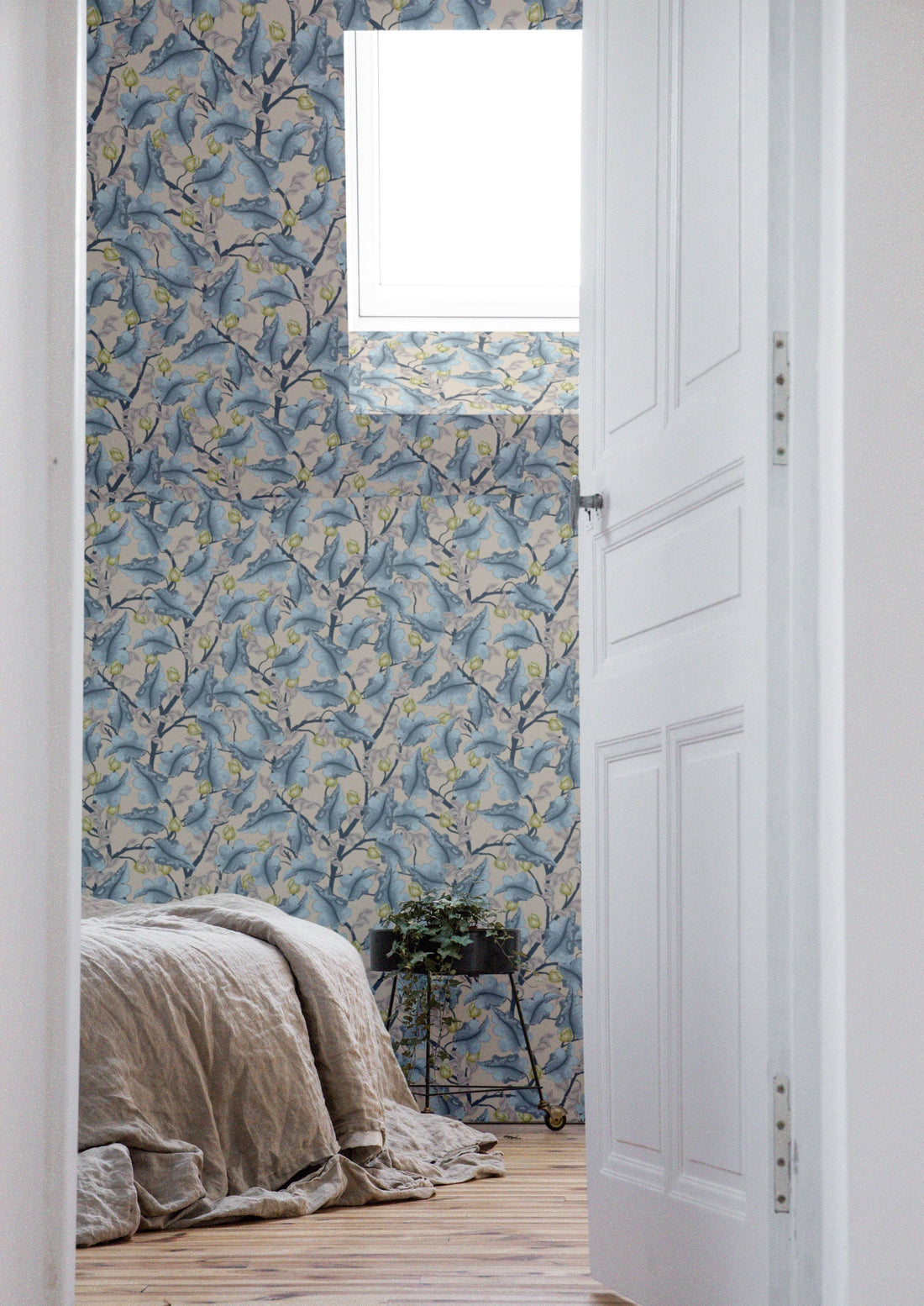 Ranunculus Floral Wallpaper - Blue & Beige - Summer Gray