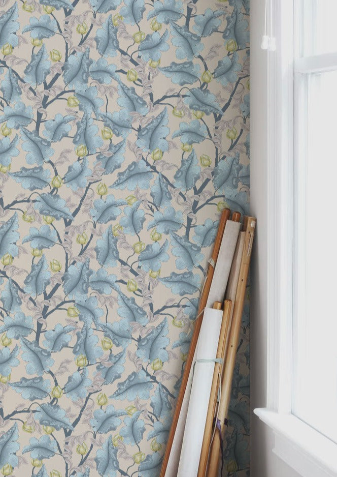Ranunculus Floral Wallpaper - Blue & Beige - Summer Gray