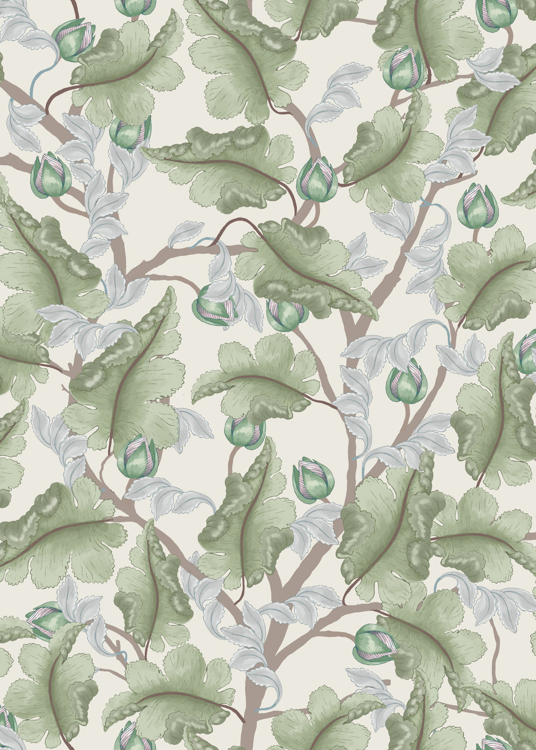 Ranunculus Floral Wallpaper - Cream & Green - Summer Gray