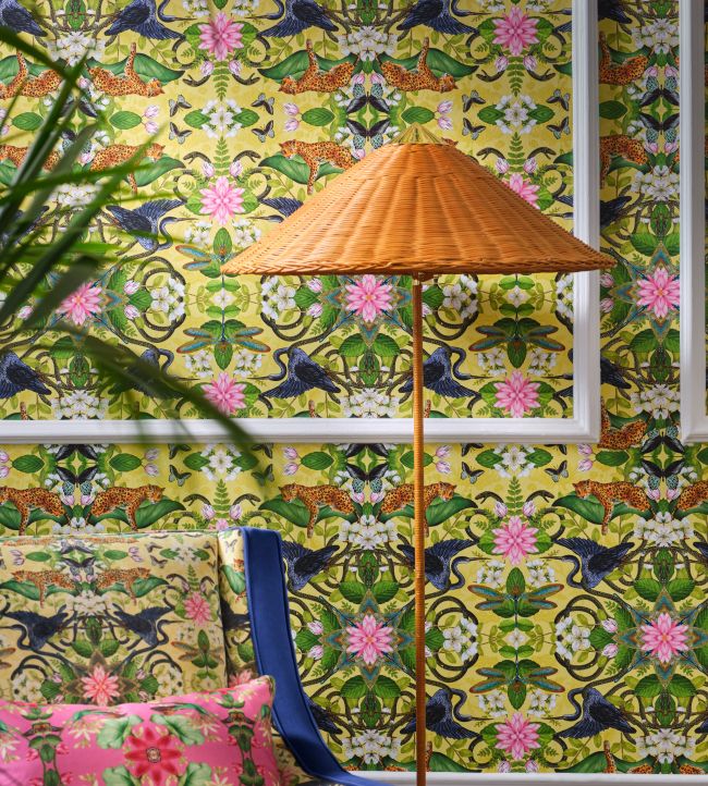 W0136/01 - Wonderlust Tea Story Wallpaper - Citron - Clarke & Clarke
