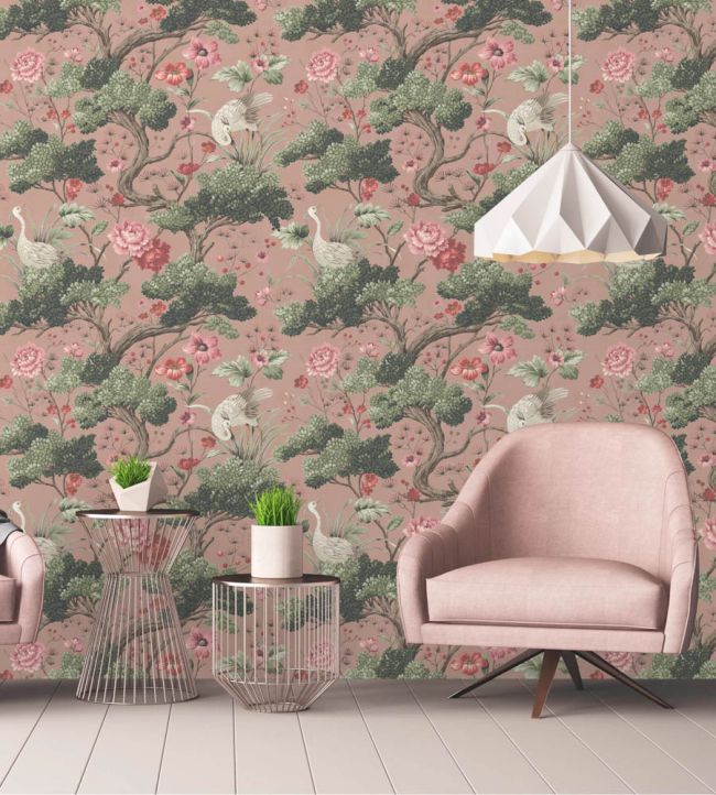 WM-120R - Crane Bird Wallpaper - Vintage Pink - Woodchip & Magnolia