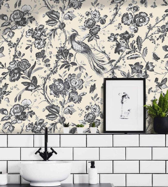 WM-368-01-3P - Plumage Wallpaper - Mural - Charcoal Cream - Woodchip & Magnolia