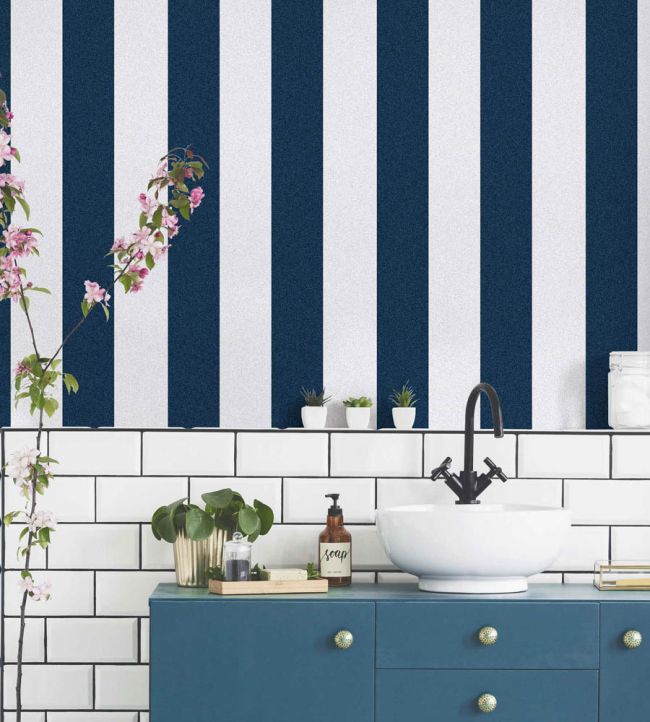 WM-413-01R - Awning Stripe Wallpaper - Navy White - Woodchip & Magnolia
