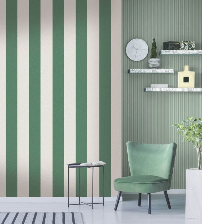 WM-413-02R - Awning Stripe Wallpaper - Green Magnolia - Woodchip & Magnolia