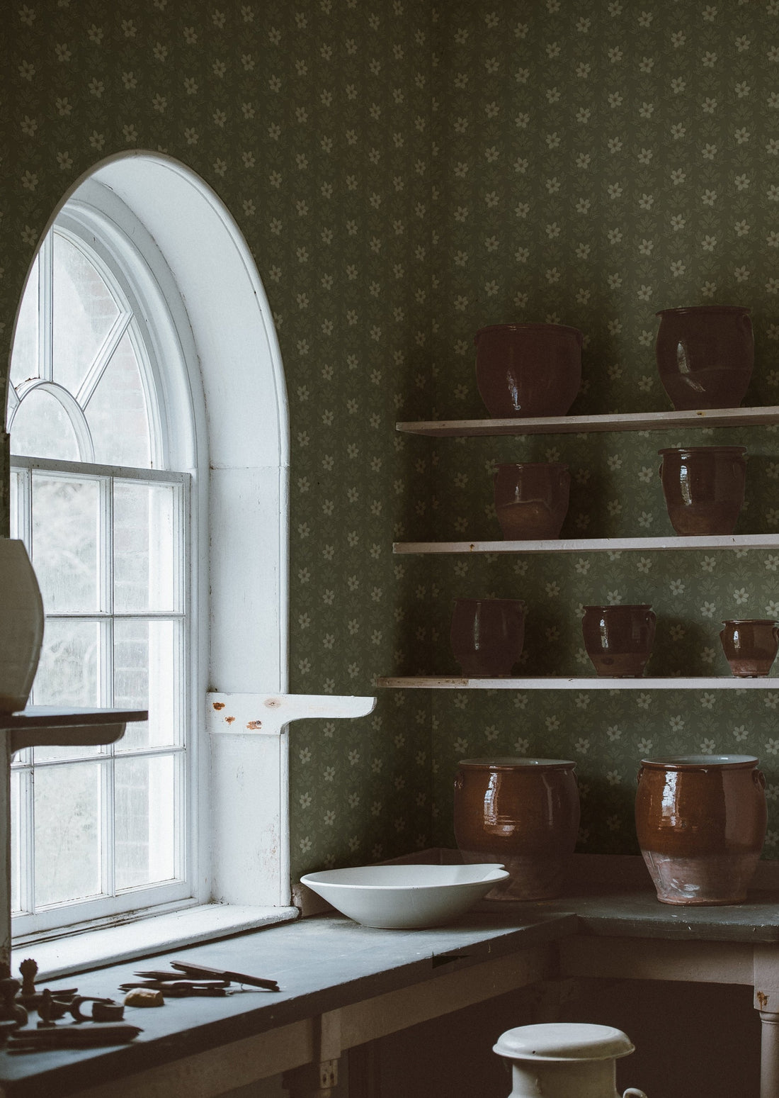 Wood Anemone Wallpaper - Green - Summer Gray