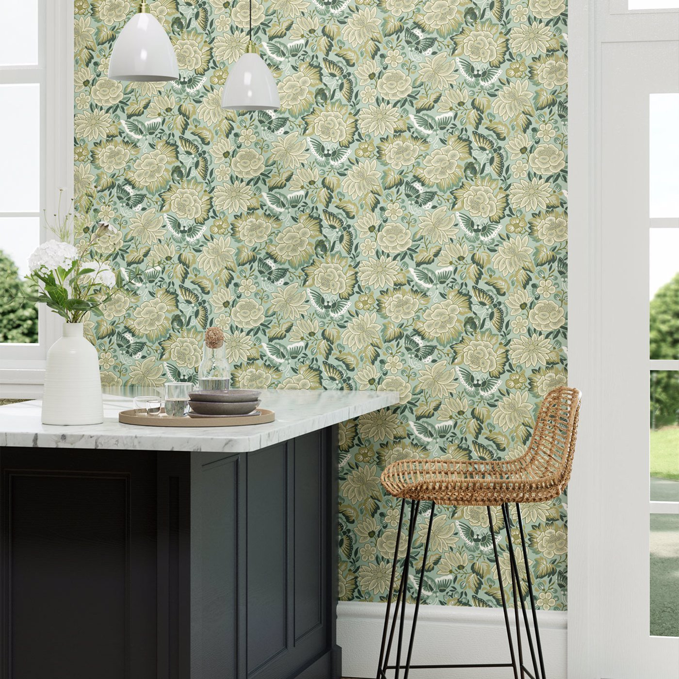 Amara Butterfly Wallpaper - Bamboo/ Fountain Green - DWAW217118 - Sanderson - Premier Wallcovering