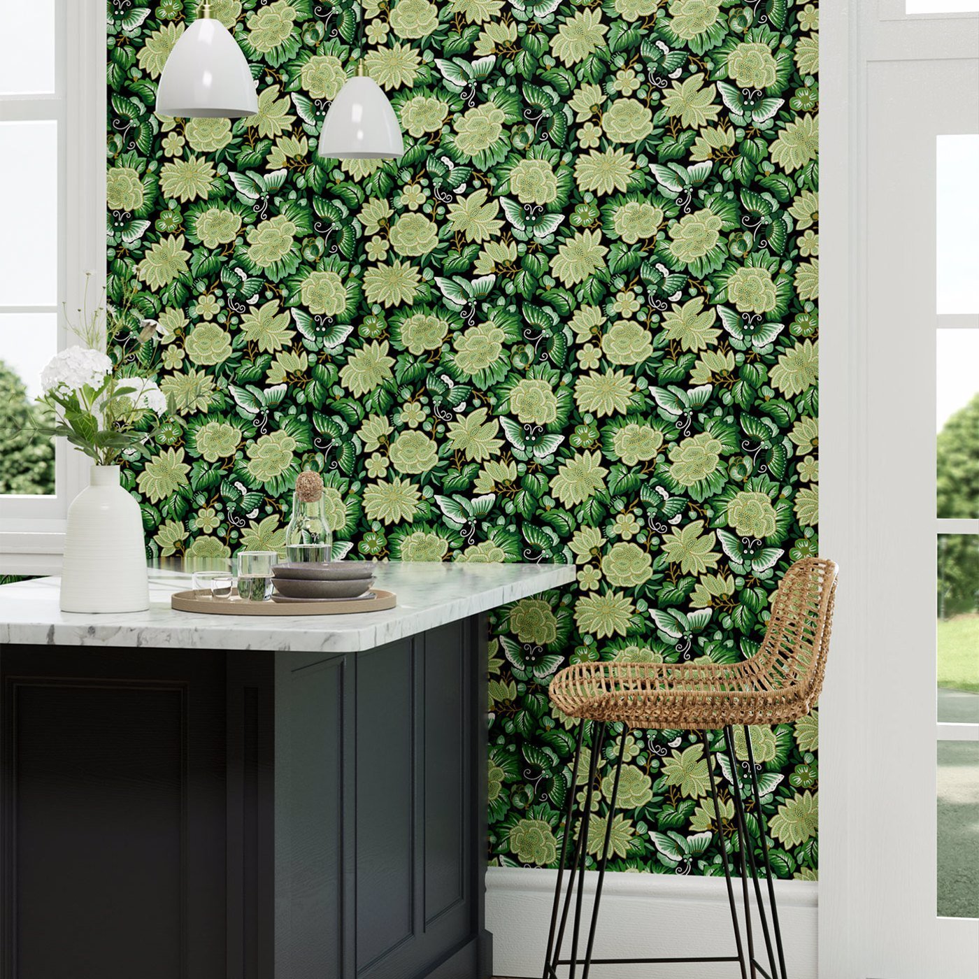 Amara Butterfly Wallpaper - Emerald/Ink Black - DWAW217117 - Sanderson - Premier Wallcovering