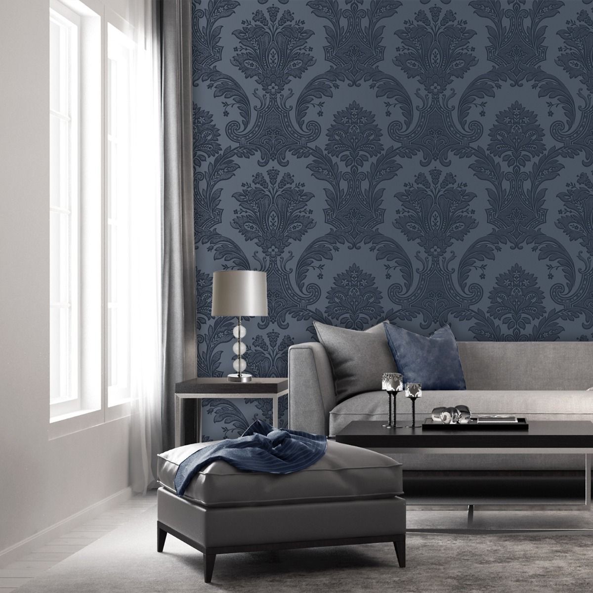 Amara Damask Wallpaper - Dark Blue - Belgravia - 7371 - Premier Wallcovering
