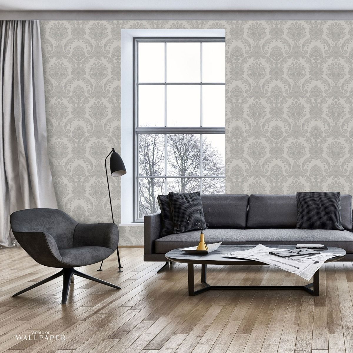 Amara Damask Wallpaper - Silver - Belgravia - 7370 - Premier Wallcovering