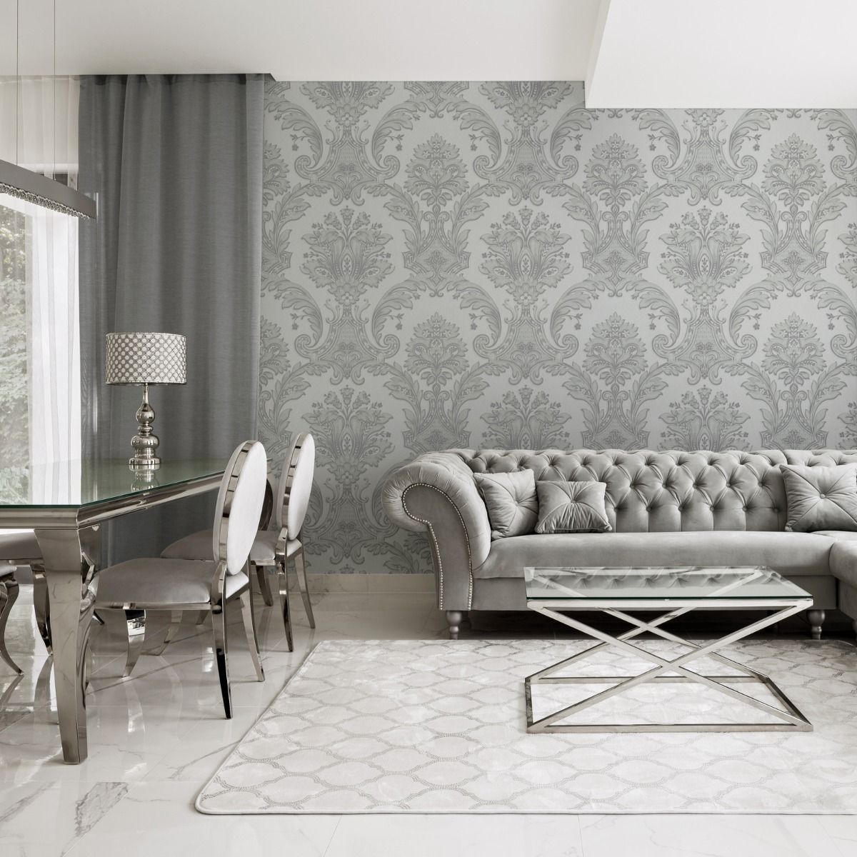 Amara Damask Wallpaper - Silver - Belgravia - 7370 - Premier Wallcovering