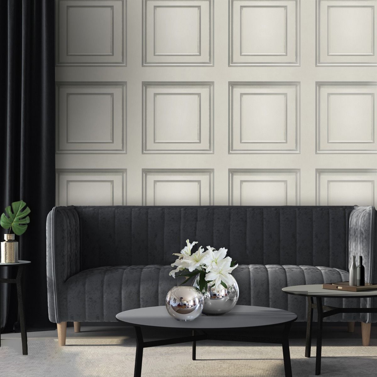 Amara Panel Vinyl Wallpaper - Off White / Silver - Belgravia - 7388 - Premier Wallcovering