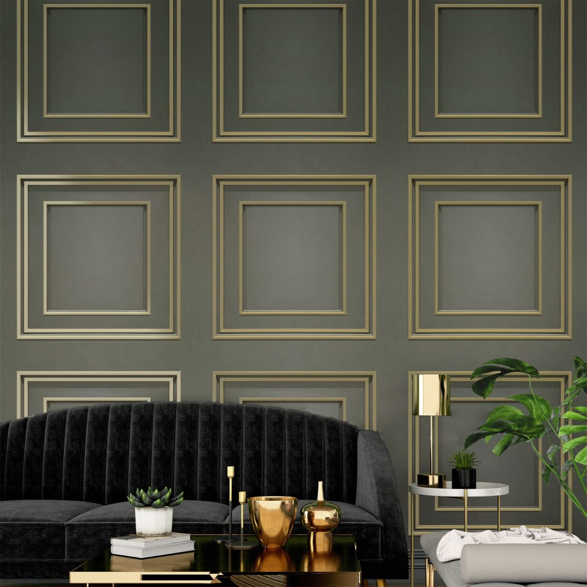 Amara Panel Vinyl Wallpaper - Charcoal / Gold - Belgravia - 7386 - Premier Wallcovering