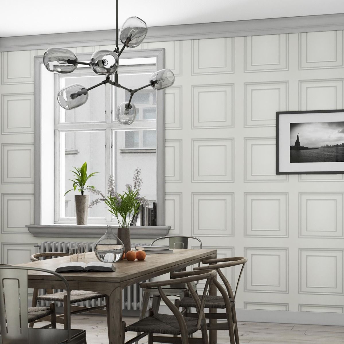 Amara Panel Vinyl Wallpaper - Off White / Silver - Belgravia - 7388 - Premier Wallcovering