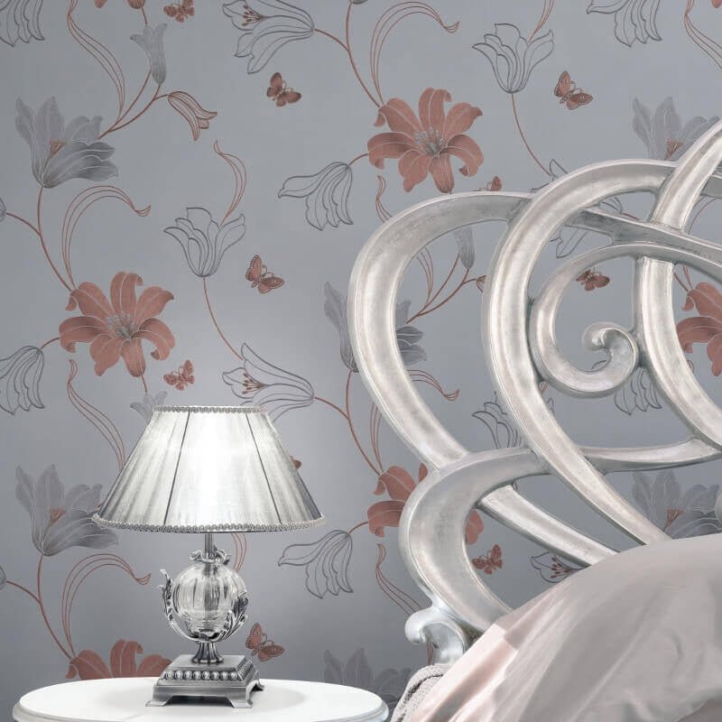 Amelia Floral Metallic Wallpaper - Stone/Rose - Muriva - 701410 - Premier Wallcovering
