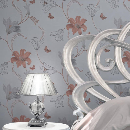 Amelia Floral Metallic Wallpaper - Stone/Rose - Muriva - 701410 - Premier Wallcovering