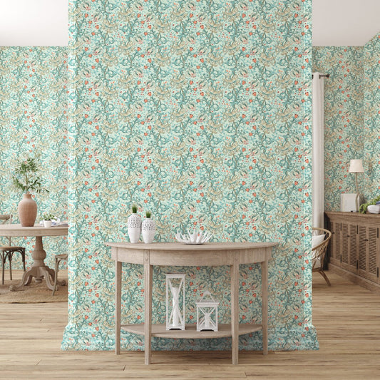 Morris Collections - 1200 - Anemone Wallpaper - Light Green - Light Blue - Premier Wallcovering