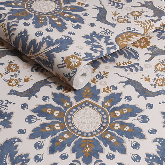 Animal Damask Wallpaper - Blue & Gold - Joules - 128944 - Premier Wallcovering