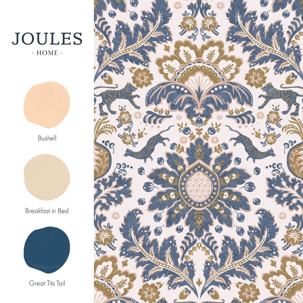 Animal Damask Wallpaper - Blue & Gold - Joules - 128944 - Premier Wallcovering