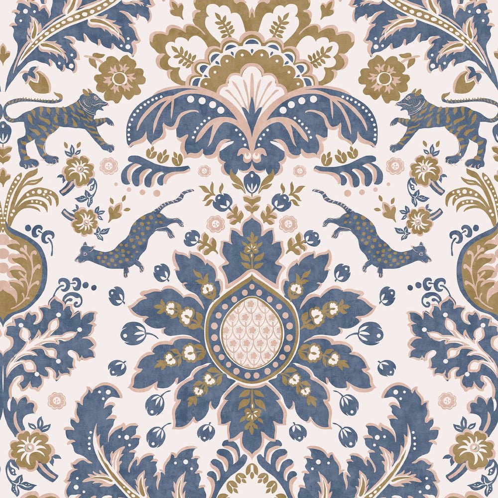 Animal Damask Wallpaper - Blue & Gold - Joules - 128944 - Premier Wallcovering