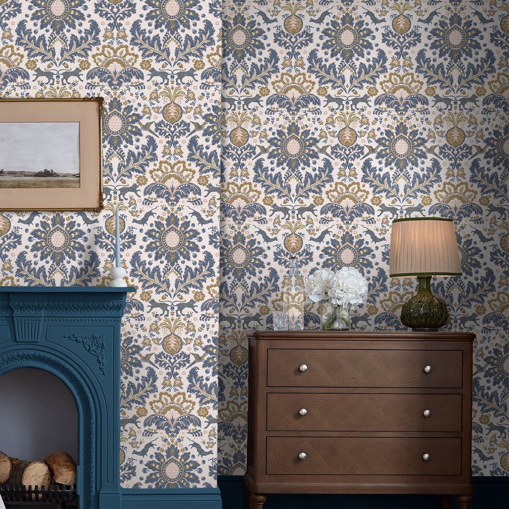 Animal Damask Wallpaper - Blue & Gold - Joules - 128944 - Premier Wallcovering