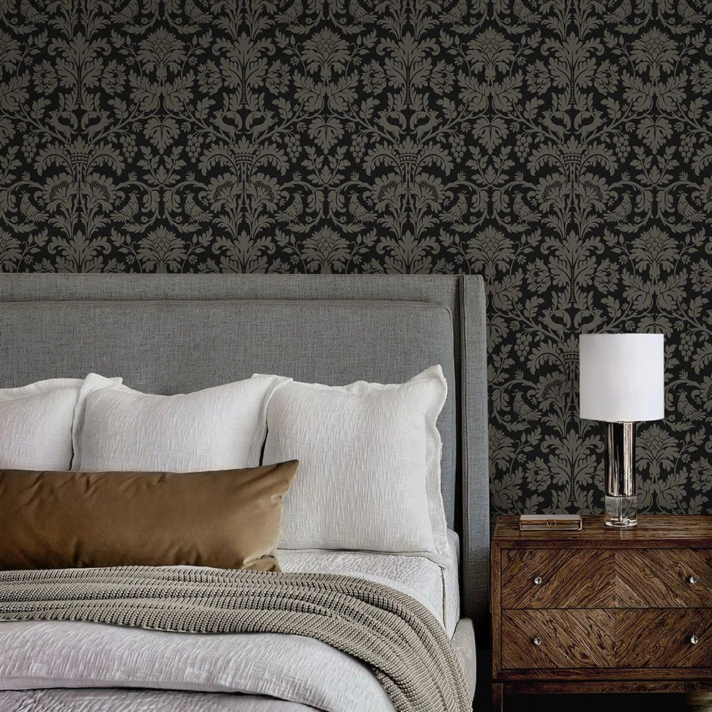Ansel Damask Wallpaper - Ebony & Pavestone - NextWall - NW57710 - Premier Wallcovering