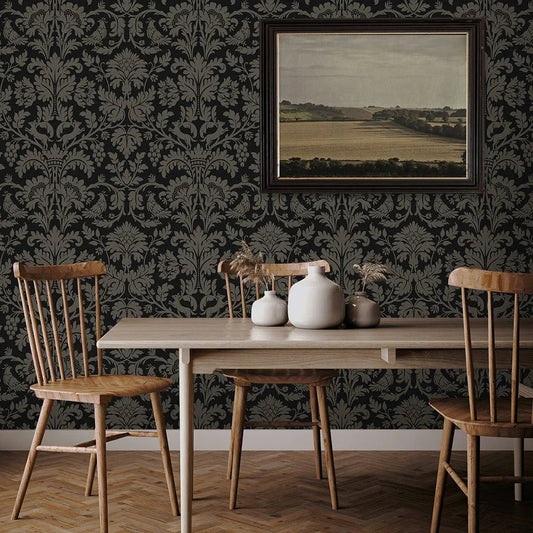 Ansel Damask Wallpaper - Ebony & Pavestone - NextWall - NW57710 - Premier Wallcovering