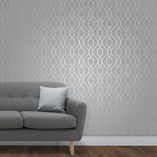 Apex Trellis Metallic Wallpaper - Stone/Silver - Fine Décor - FD41995 - Premier Wallcovering
