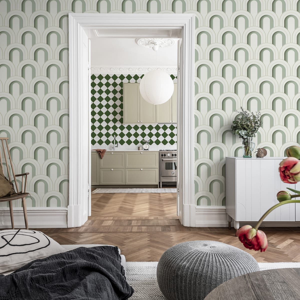 Arch Deco Bijou Wallpaper - Soft Green - Rebel Walls - R18567 - Premier Wallcovering