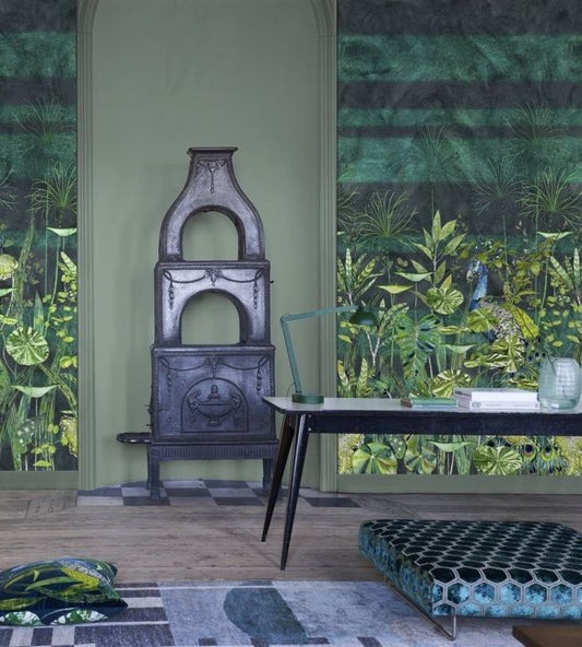 Arjuna Leaf With Peacock Wallpaper - Viridian - PDG1069/01 - Designers Guild - Premier Wallcovering