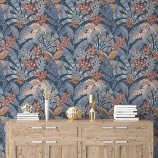 Asha Leaves Wallpaper - Navy/Burnt Orange - Crown - M1736 - Premier Wallcovering
