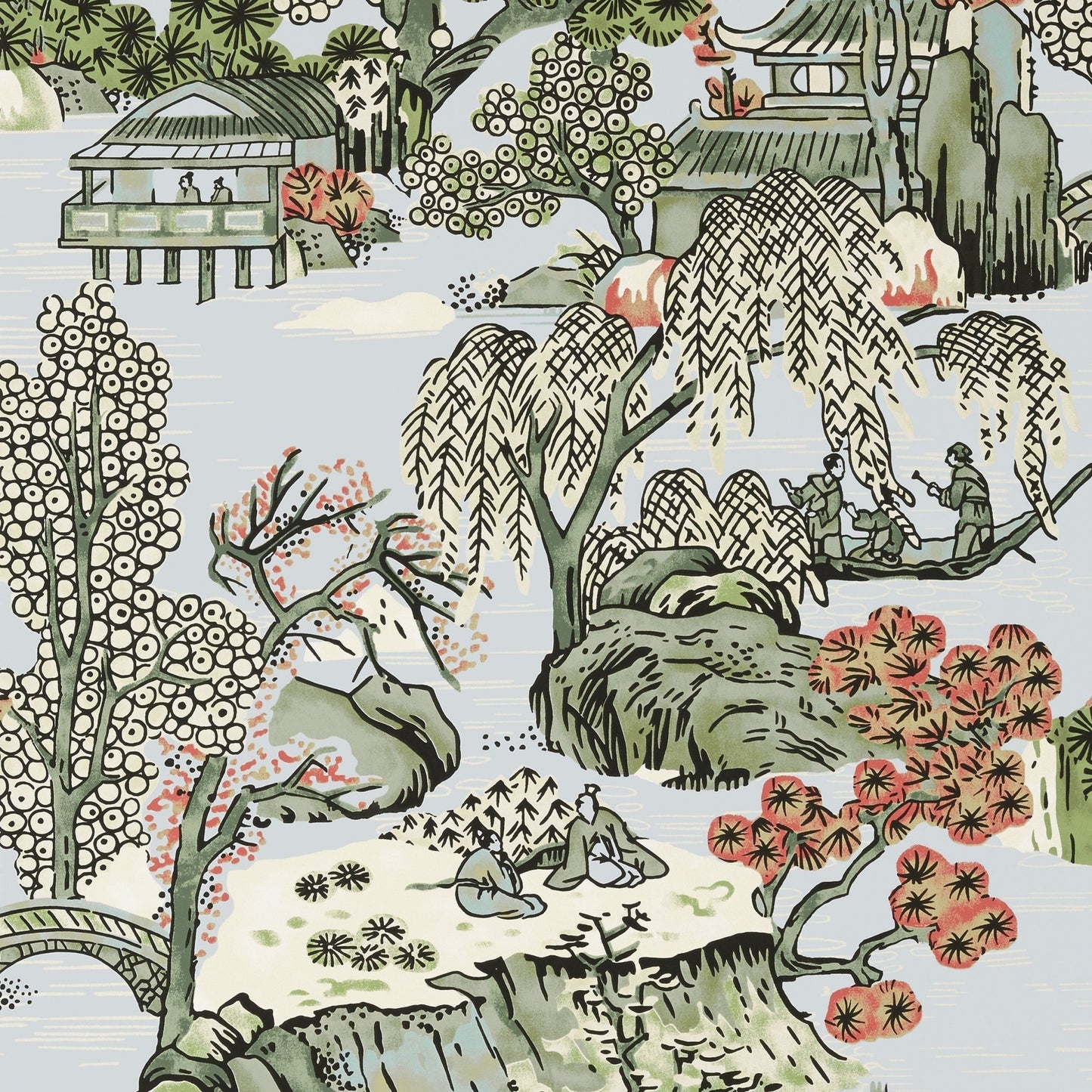 Asian Scenic Wallpaper - Robin's Egg - Thibaut - T75460 - Premier Wallcovering