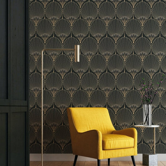 Asperia Nile Palm Fan Wallpaper - Black/Gold - Grandeco - A54901 - Premier Wallcovering