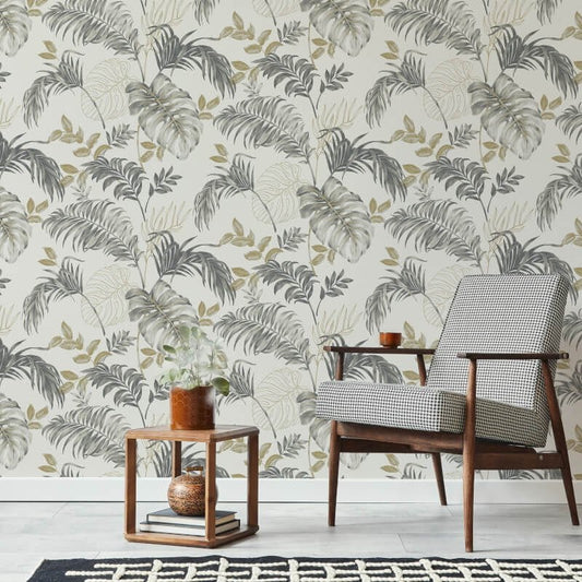 Attitude Allison Tropical Metallic Wallpaper - White/Gold - Grandeco - A64301 - Premier Wallcovering