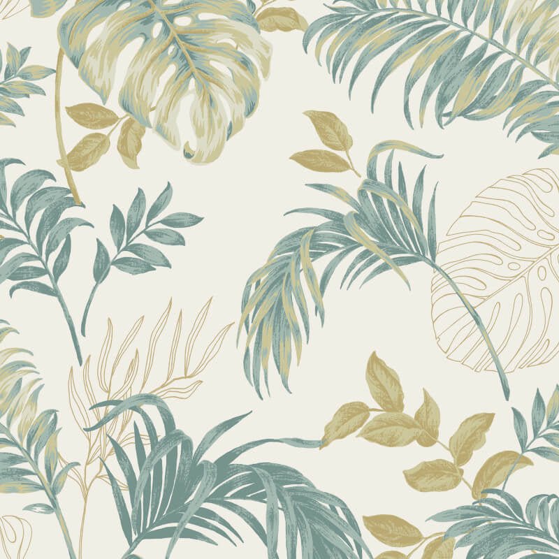 Attitude Allison Tropical Metallic Wallpaper - Teal/Gold - Grandeco - A64302 - Premier Wallcovering